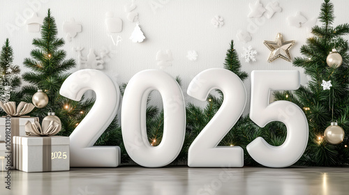 Obraz na płótnie A Christmas-themed home interior with a large window, snowy outdoors, and 3D white numbers '2025' displayed near a Christmas tree w salonie