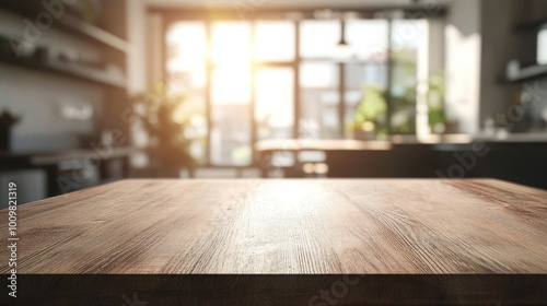 Beautiful empty brown wooden table top and blurred defocused modern kitchen interior background with daylight flare. Product montage display. 