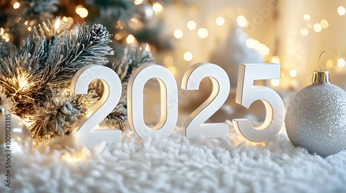 A Christmas-themed home interior with a large window, snowy outdoors, and 3D white numbers '2025' displayed near a Christmas tree