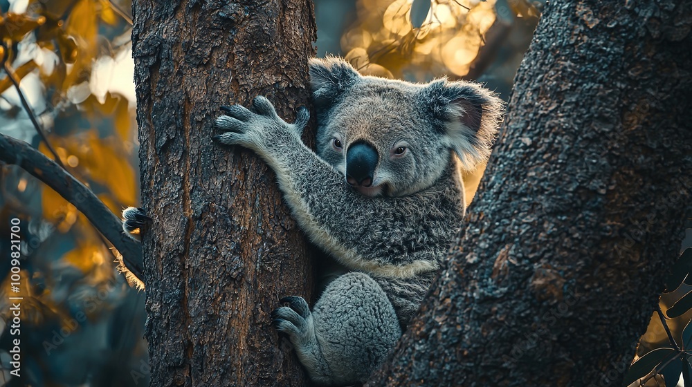 Koala sitting on a tree limb with open eyes Koala sitting on a tree limb with open eyes