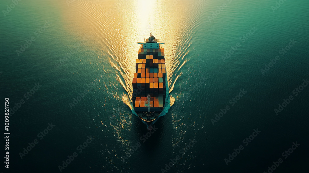 A fully loaded cargo ship navigating the calm waters of the ocean, with sunlight reflecting off the containers and waves