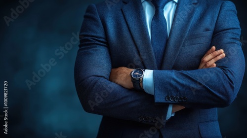 A confident businessman stands with arms crossed, wearing a dark suit and watch against a muted blue background