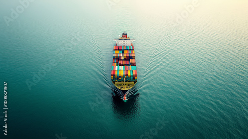 A massive cargo ship loaded with colorful shipping containers, floating steadily across a calm sea on a sunny day