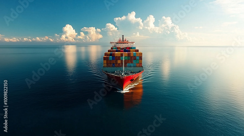A massive cargo ship loaded with colorful shipping containers, floating steadily across a calm sea on a sunny day