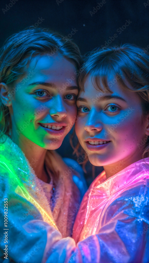 Two Young Women With Colorful Nightgown Two Young Women With Colorful Nightgown