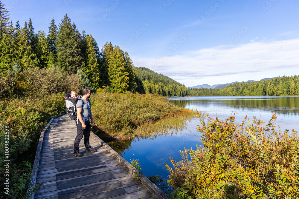 Father and Child Enjoying a Scenic Walk on a Wooden Path in Rolley Lake, Mission, BC, Canada Father and Child Enjoying a Scenic Walk on a Wooden Path in Rolley Lake, Mission, BC, Canada
