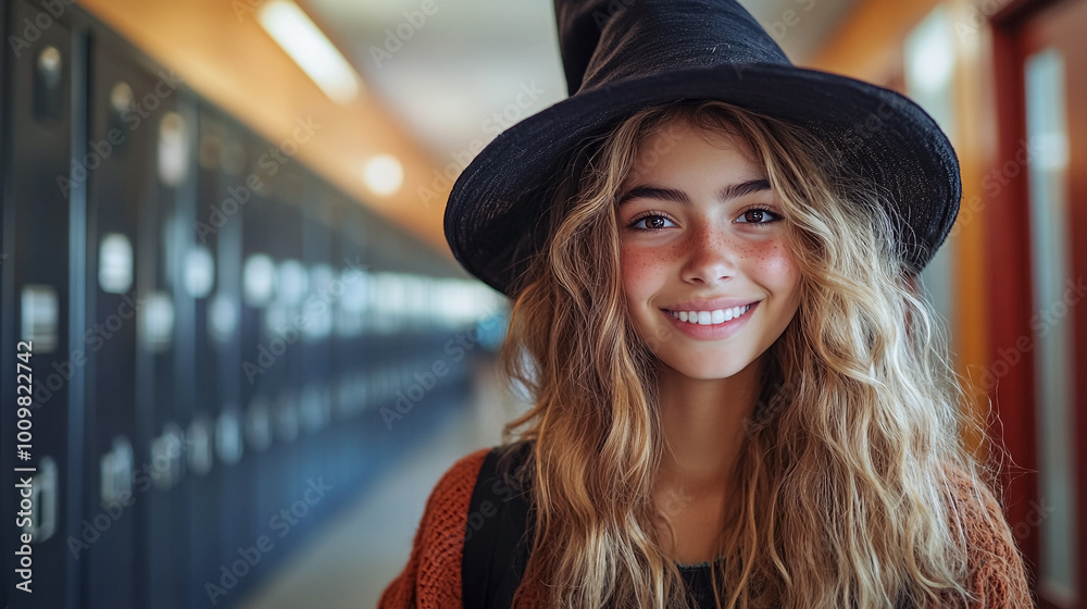 Teenager girl in witch Halloween costume standing at hallway of high school, Halloween party at school. Teenager girl in witch Halloween costume standing at hallway of high school, Halloween party at school.