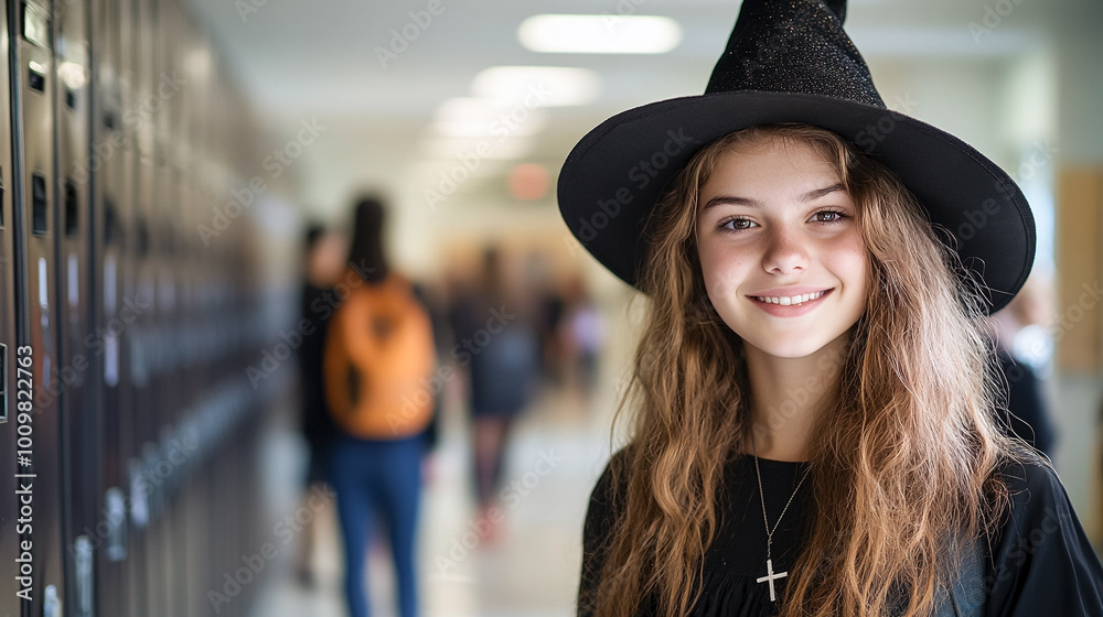 Fototapeta premium Teenager girl in witch Halloween costume standing at hallway of high school, Halloween party at school.
