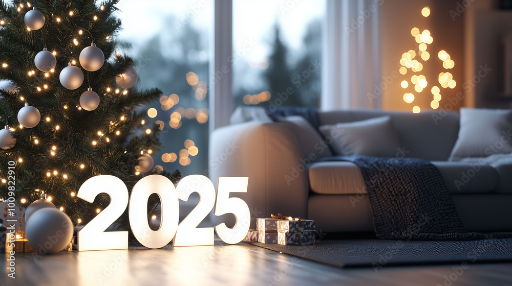 A modern home interior at Christmas, featuring 3D white numbers '2025' on the floor beside a couch and Christmas lights