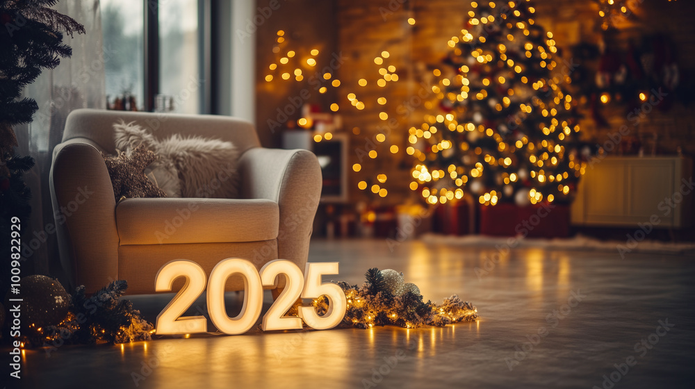 A stylish modern apartment decorated for Christmas with 3D white numbers '2025' on the floor, a cozy armchair, and festive lights in the background