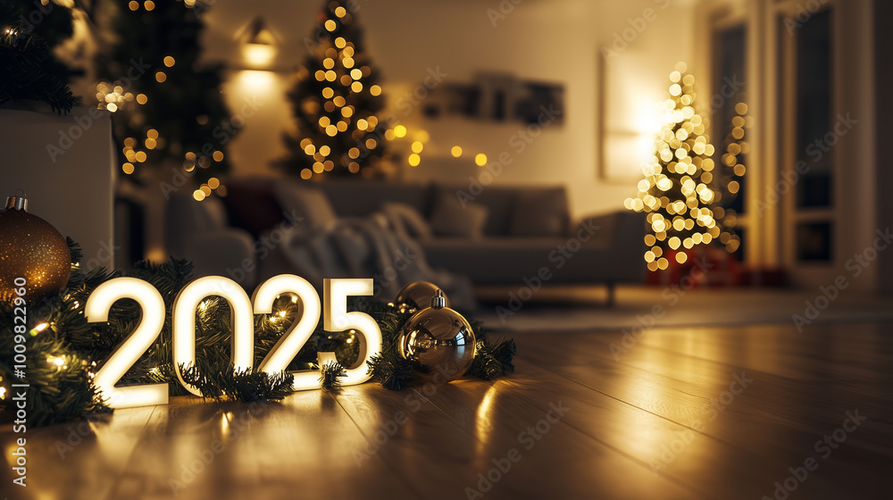 A modern home interior at Christmas, featuring 3D white numbers '2025' on the floor beside a couch and Christmas lights