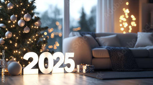 Obraz na płótnie A modern home interior at Christmas, featuring 3D white numbers '2025' on the floor beside a couch and Christmas lights w salonie