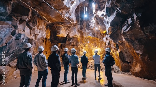 Grupo de ingenieros con cascos equipados con linternas, inspeccionando una galería subterránea de una mina. La escena muestra las paredes de roca iluminadas, rieles metálicos y polvo flotando en el ai