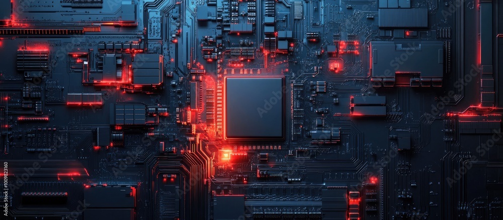 Fototapeta premium Abstract Circuit Board with Red Glowing Lines and a Square Processor