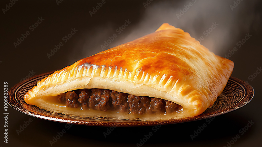 Steaming baked meat pastry on decorative plate. Steaming baked meat pastry on decorative plate.