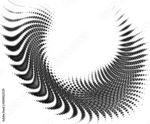 Dotted halftone bubbling funnel, curl, swirl. Melted edges of dots or polka dots. For frames, logos, trademarks. Copy space for text. Vector.
