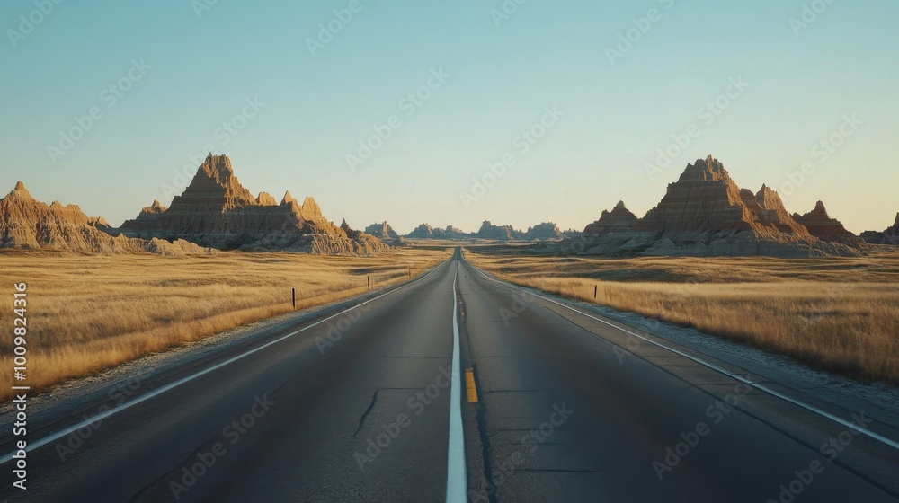 Scenic road leading towards the Badlands formations at sunset in South Dakota Scenic road leading towards the Badlands formations at sunset in South Dakota