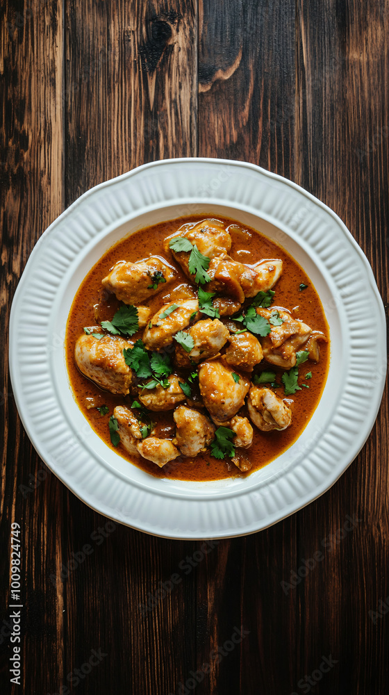 Delicious chicken curry dish is presented on a rustic wooden table, featuring fresh herbs as garnish Delicious chicken curry dish is presented on a rustic wooden table, featuring fresh herbs as garnish