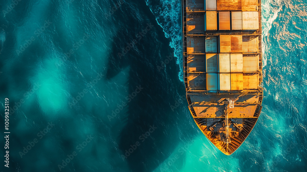 Close-up of a cargo ship's deck filled with shipping containers, surrounded by clear blue waters and bright daylight