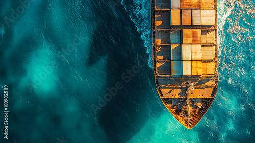 Obraz na płótnie Close-up of a cargo ship's deck filled with shipping containers, surrounded by clear blue waters and bright daylight w salonie