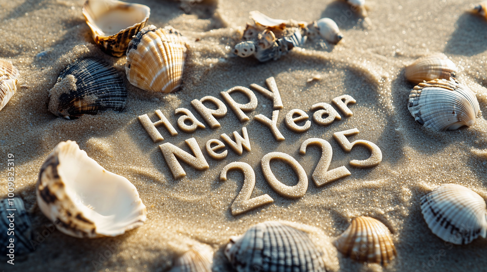 Close-up of beach sand with Happy New Year 2025 etched into the surface, with seashells scattered around