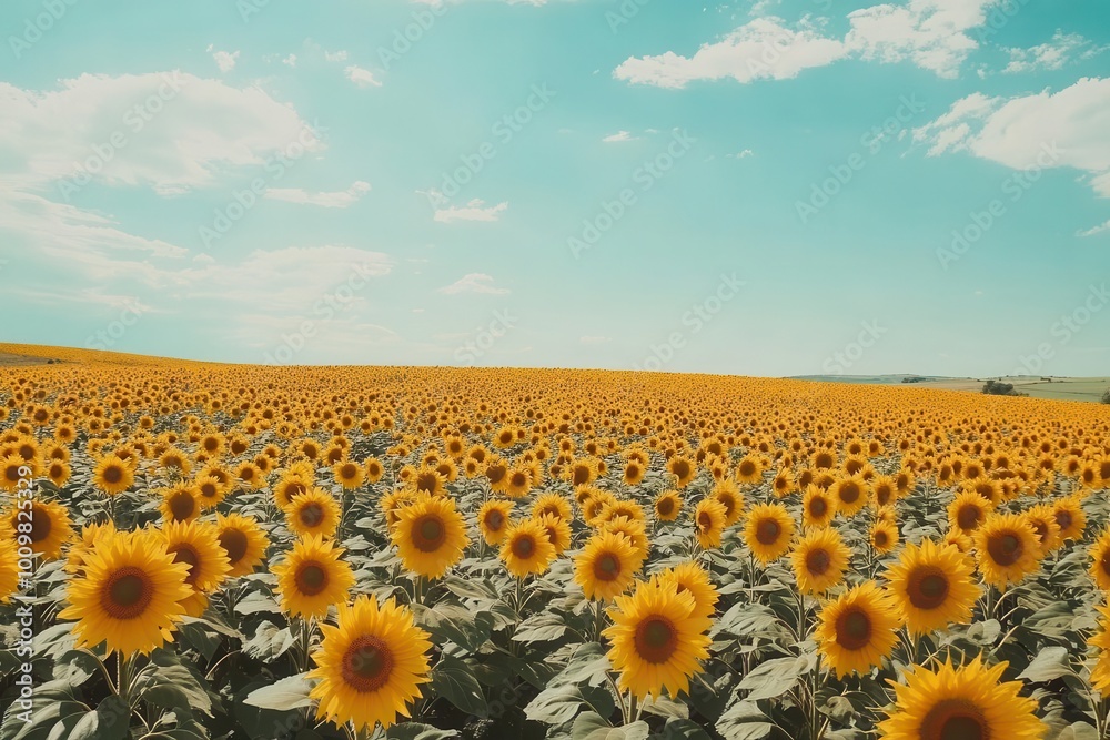 Obraz premium A vibrant field of sunflowers under a bright blue sky with fluffy clouds.