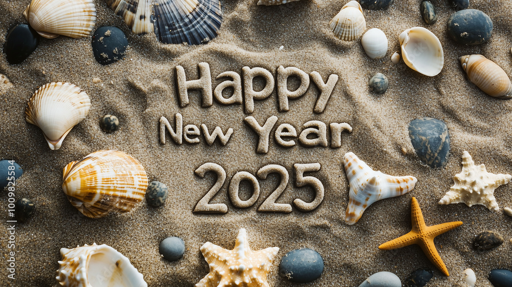 Handwritten Happy New Year 2025 in smooth beach sand, surrounded by small pebbles and seashells, top-down perspective