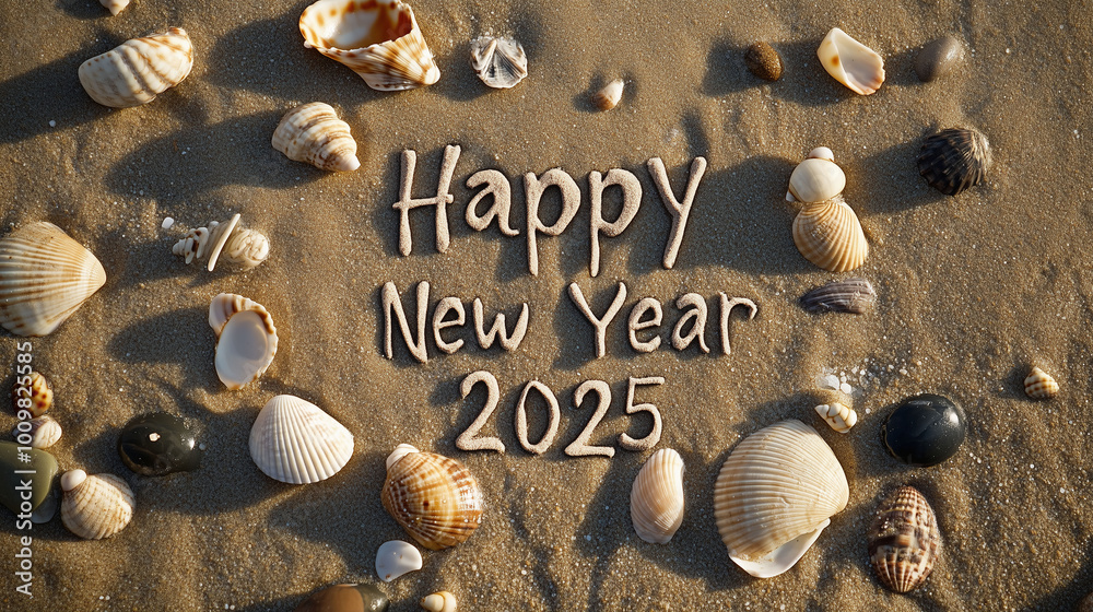 Handwritten Happy New Year 2025 in smooth beach sand, surrounded by small pebbles and seashells, top-down perspective