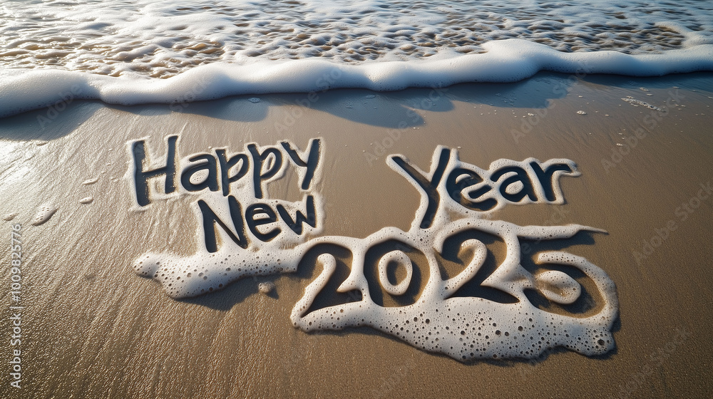 Handwritten Happy New Year 2025 on beach sand, with soft waves gently approaching the text, natural lighting