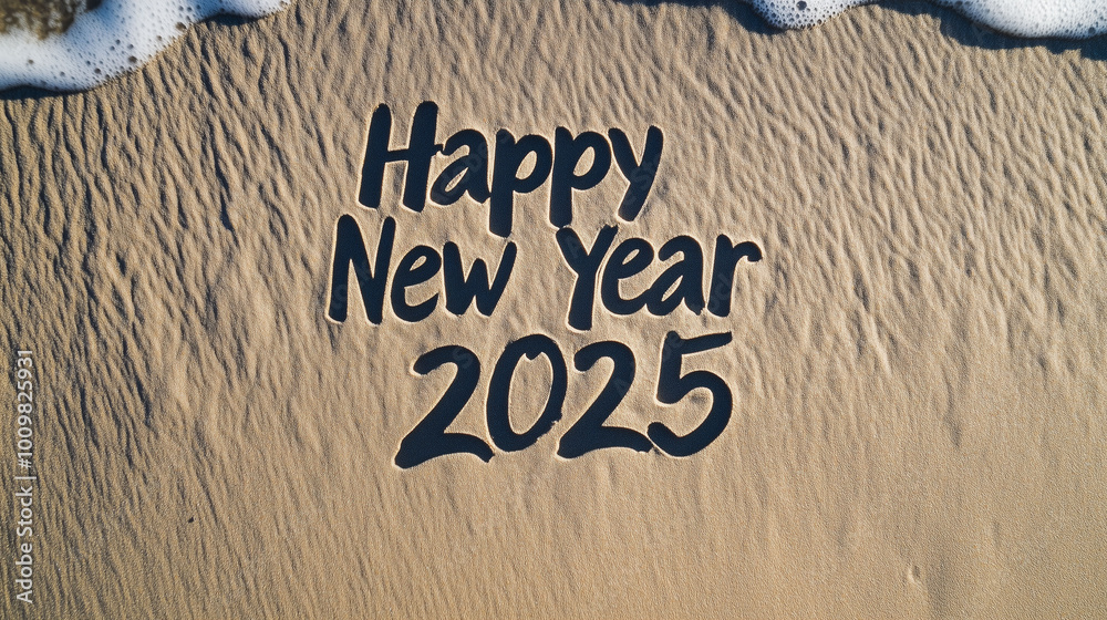 Handwritten text Happy New Year 2025 on smooth golden beach sand, morning light casting soft shadows