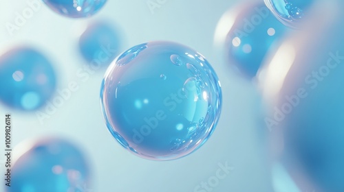 Spheres or balls merge like liquid wax drops or metaballs in-air. Liquid gradient of blue colors on beautiful drops with glow, scattering light inside. 3D render. 