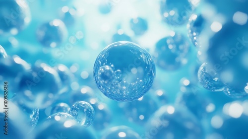 Spheres or balls merge like liquid wax drops or metaballs in-air. Liquid gradient of blue colors on beautiful drops with glow, scattering light inside. 3D render. 