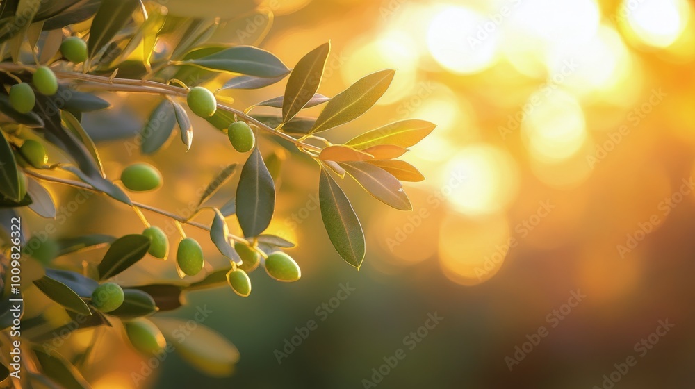 Olive branch adorned with ripening fruit under warm golden sunlight in a tranquil setting Olive branch adorned with ripening fruit under warm golden sunlight in a tranquil setting