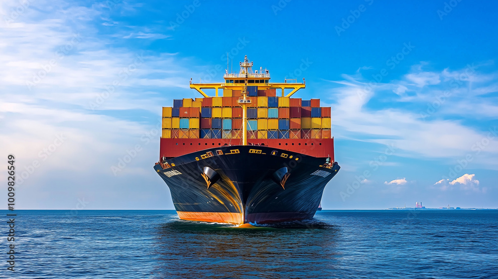 The front of a large cargo ship sailing in the open ocean, with containers stacked high on the deck, bright and sunny conditions