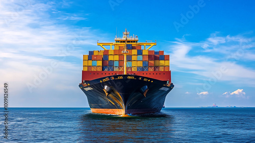 Obraz na płótnie The front of a large cargo ship sailing in the open ocean, with containers stacked high on the deck, bright and sunny conditions w salonie