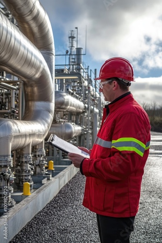 Ingeniero equipado con equipo de seguridad completo, inspeccionando tuberías y válvulas en una refinería de gas. La imagen destaca las enormes estructuras de tuberías y depósitos, con vapor escapando, photo