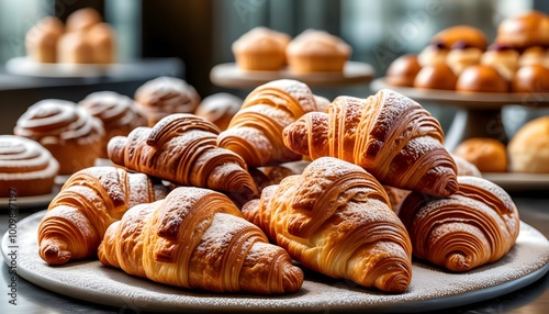 Indulgent display of freshly baked pastries, croissants, and exquisite desserts, ideal for a delightful breakfast or a sweet indulgence.