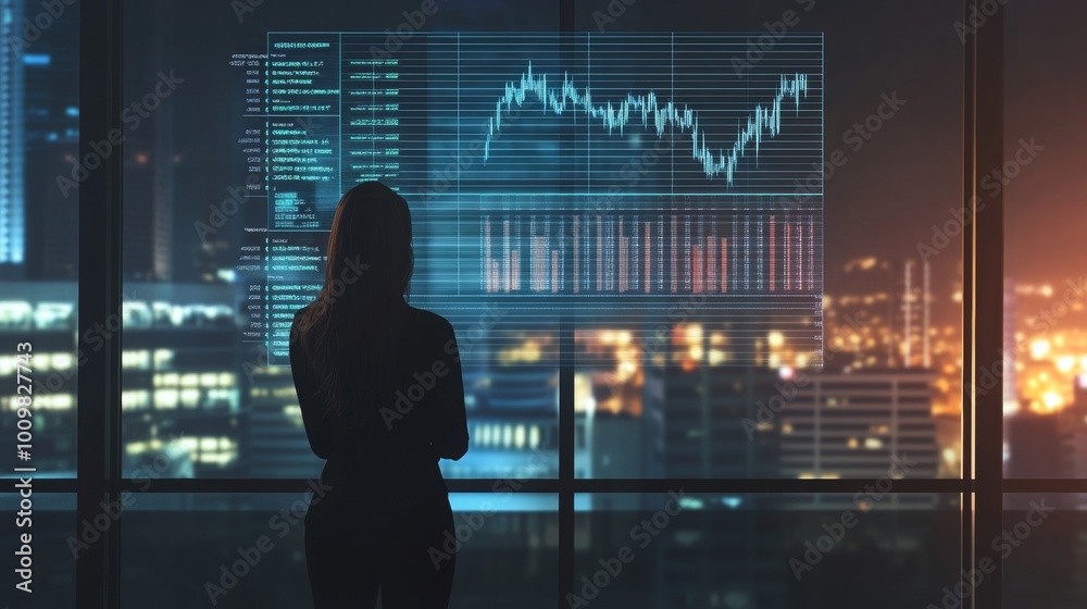 Businesswoman, presentation, and conference room window with collaboration and digital chart. Speaker, financial and accounting data with above and presenter in office with company stats review. 