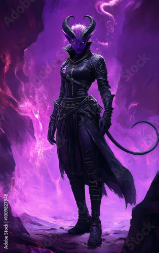Mystical Dark Elf tiefling exploring a Vibrant Cave filled with stunning colors and shadows