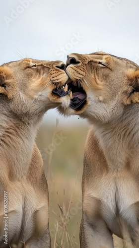 León macho rugiendo con su melena ondeando en la sabana, destacando su fuerza y ​​majestuosidad. La imagen captura los detalles de su pelaje y expresión de liderazgo, con un cielo despejado que sugier photo