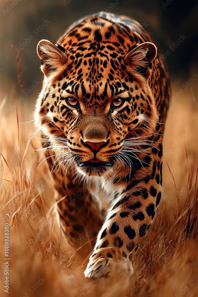 Obraz premium Leopardo Acechando en la Hierba Alta con Mirada Concentrada Leopardo acechando entre la hierba alta, con la mirada fija en su presa