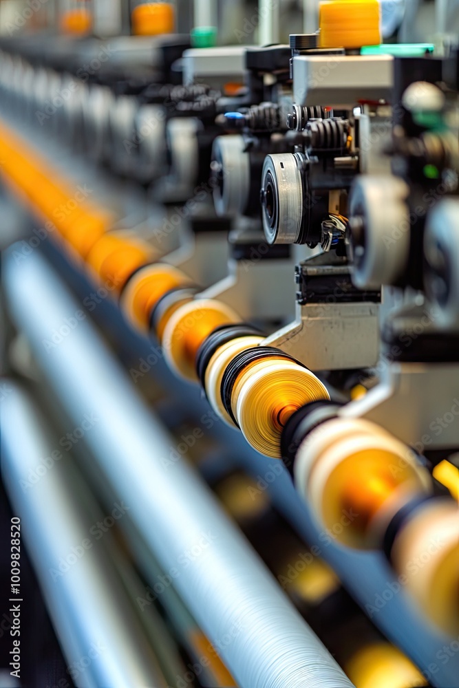 Trabajadores en una fábrica textil observando máquinas de tejido en acción, produciendo rollos de tela a alta velocidad. La imagen destaca los detalles de la maquinaria Trabajadores en una fábrica textil observando máquinas de tejido en acción, produciendo rollos de tela a alta velocidad. La imagen destaca los detalles de la maquinaria