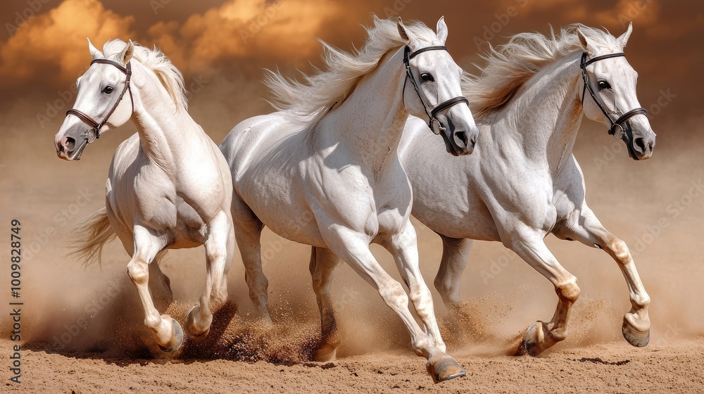 Obraz premium Grupo de caballos galopando en un prado amplio durante el atardecer, con la luz reflejándose en sus crines y musculatura. La imagen transmite fuerza, libertad y energía, ideal para fondos de pantalla