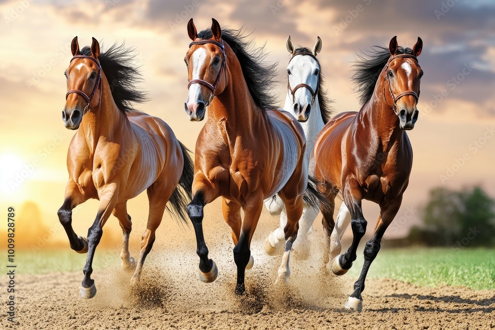 Grupo de caballos galopando en un prado amplio durante el atardecer, con la luz reflejándose en sus crines y musculatura. La imagen transmite fuerza, libertad y energía, ideal para fondos de pantalla Grupo de caballos galopando en un prado amplio durante el atardecer, con la luz reflejándose en sus crines y musculatura. La imagen transmite fuerza, libertad y energía, ideal para fondos de pantalla