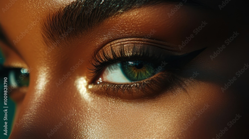 Extreme close-up of a womans green eyes with perfect makeup, showcasing detailed eye beauty and skincare. Ideal for makeup and beauty promotions, high-quality cosmetics.