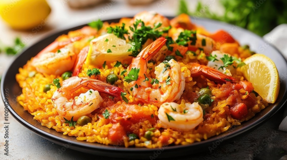 A vibrant plate of shrimp paella garnished with parsley and lemon slices. A vibrant plate of shrimp paella garnished with parsley and lemon slices.