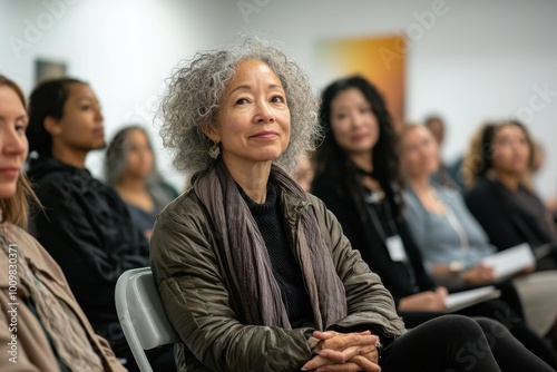 A diverse group of people in a contemplative setting, focusing on relaxation and mindfulness practice, seated in chairs during a peaceful gathering