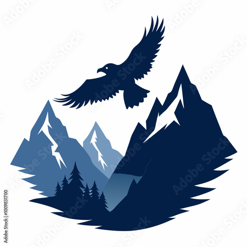 An eagle soaring over mountains silhouette vector illustration on white background photo