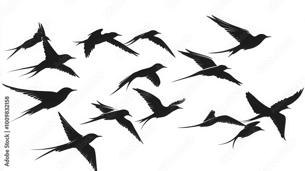 A flock of flying swallows, bird silhouettes in the sky. Wild Birds Unlimited: bird food, feeders, and feeding. A flock of flying swallows, bird silhouettes in the sky. Wild Birds Unlimited: bird food, feeders, and feeding.