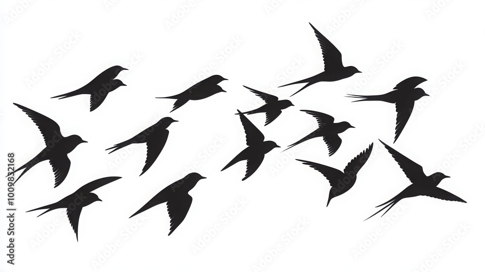 Obraz premium A flock of flying swallows, bird silhouettes in the sky. Wild Birds Unlimited: bird food, feeders, and feeding.